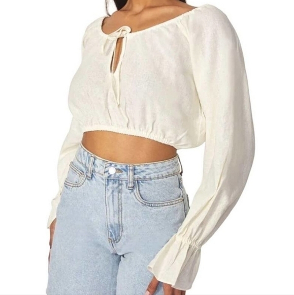 NEW WeWoreWhat Off The Shoulder Linen Blend Cropped Women Medium Blouse - Picture 1 of 11